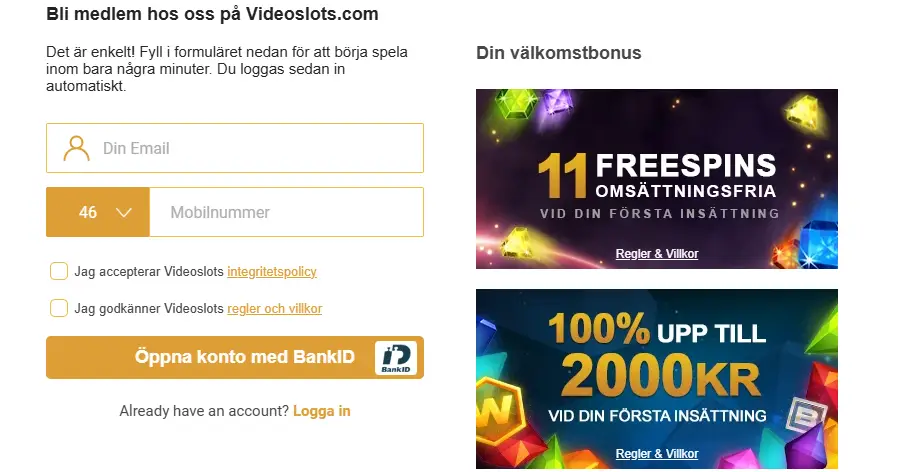 Videoslots casino registrering